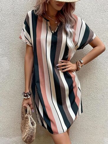 Womens Striped Print Notched Neckline Batwing Sleeve Tunic Dress in Kuwait