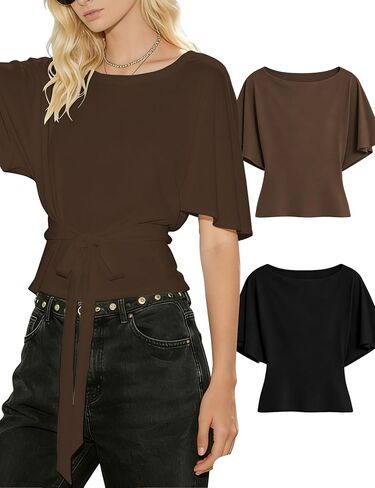 Womens Summer High Stretchy Crop Top Short Sleeve Tie Slim Cinched Waist Workout Shirts in Saudi Arabia