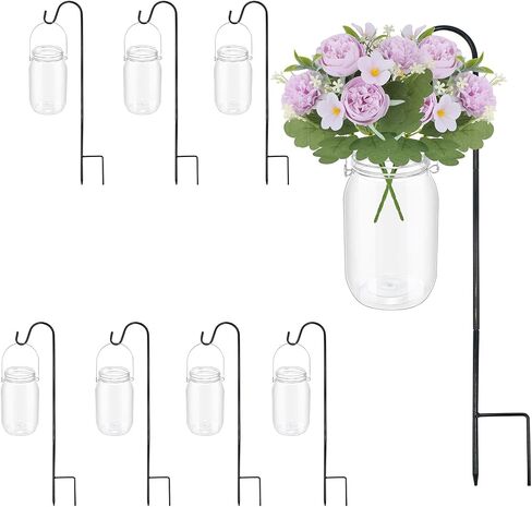 8 Sets Wedding Aisle Decoration Including 15 oz Plastic Hanging Mason Jar & 32'' Shepherd's Hooks for Outdoor Wedding Isle Ceremony Decorations (Flowers Not Included) in Kuwait