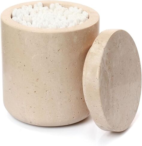 Qtip Holder with Marble Cover, Beige Travertine Cotton Swab Jars 4 Inch, Modern Round Marble Canister, Small Apothecary Storage Jars for Bathroom, Bedroom, Vanity, Kitchen Cabinet in Saudi Arabia