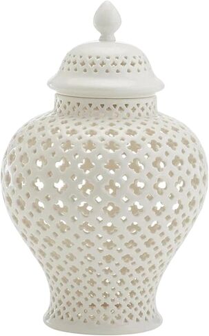 Ceramic Ginger Jar, Display Lattice Handicraft Crafts, Decorative Temple Jar with Lid, Flower Vase for Countertop Decor Office Home Gift - white in Saudi Arabia