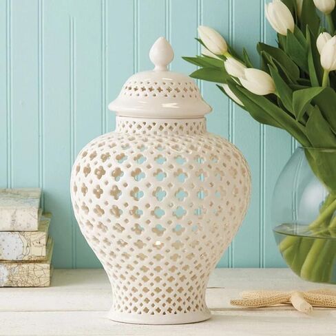 Ceramic Ginger Jar, Display Lattice Handicraft Crafts, Decorative Temple Jar with Lid, Flower Vase for Countertop Decor Office Home Gift - white in Saudi Arabia