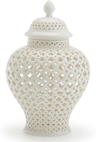Ceramic Ginger Jar, Display Lattice Handicraft Crafts, Decorative Temple Jar with Lid, Flower Vase for Countertop Decor Office Home Gift - white in Saudi Arabia