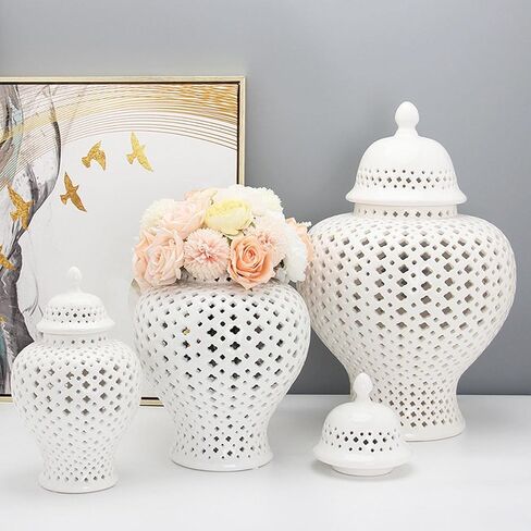 Ceramic Ginger Jar, Display Lattice Handicraft Crafts, Decorative Temple Jar with Lid, Flower Vase for Countertop Decor Office Home Gift - white in Saudi Arabia