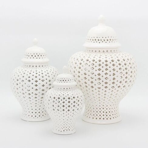 Ceramic Ginger Jar, Display Lattice Handicraft Crafts, Decorative Temple Jar with Lid, Flower Vase for Countertop Decor Office Home Gift - white in Saudi Arabia