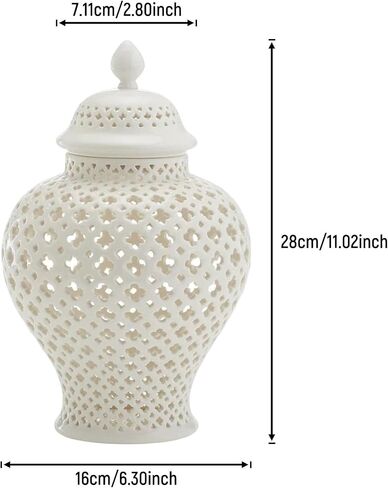 Ceramic Ginger Jar, Display Lattice Handicraft Crafts, Decorative Temple Jar with Lid, Flower Vase for Countertop Decor Office Home Gift - white in Saudi Arabia