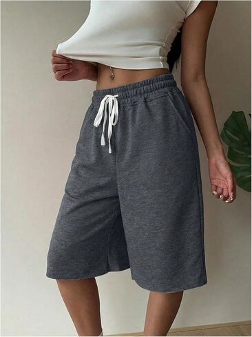 شورت برمودا نسائي فضفاض واسع الساق من MakeMeChic برباط بطول الركبة للتمارين الرياضية in Kuwait
