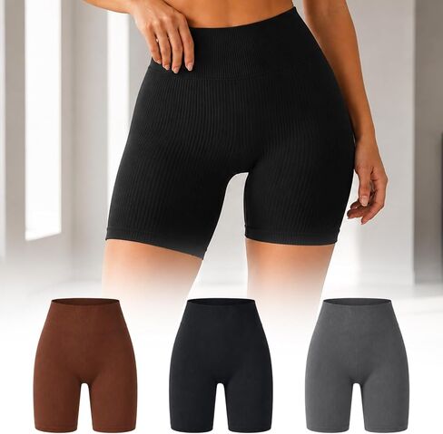 Workout Shorts Sets for Women, 3 Piece High Waisted Casual Ribbed Stretch Active Sports Seamless Gym Shorts in Kuwait