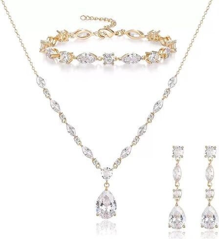 Elegant Bridal Cubic Zirconia Teardrop Pendant Necklace Drop Earrings Bracelet Brides Bridesmaids Wedding Jewelry Set for Women in Saudi Arabia