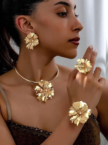 2024 Collection Bohemian Style Jewelry Set for Women - Trendy Leaf-Shaped & Flower Elements, Daily Wear, Parties, Mother’s Day Gifts, Gold-Plated in Kuwait