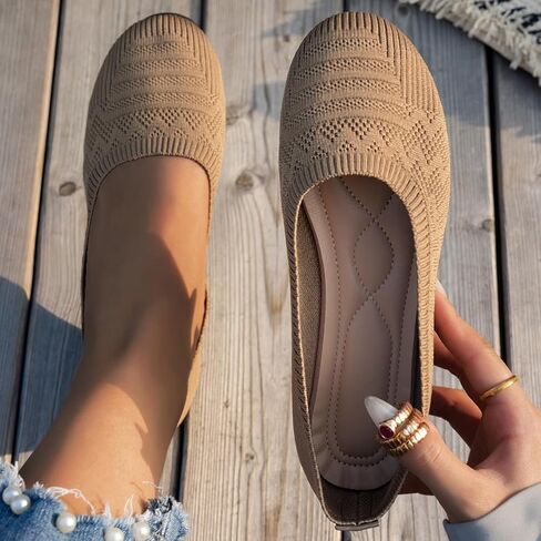 Women’s Knit Flats Slip On Shoes Breathable Upper Round Toe Lightweight Comfort Casual Walking Flats for Work Office Daily in Kuwait