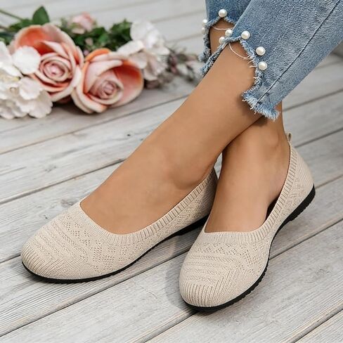 Women’s Knit Flats Slip On Shoes Breathable Upper Round Toe Lightweight Comfort Casual Walking Flats for Work Office Daily in Kuwait