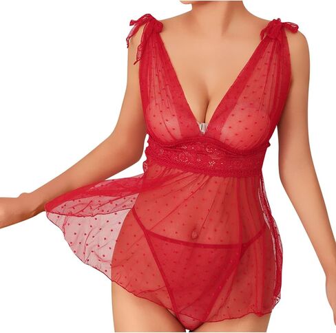 Womens Sexy Lingerie Chemise Lace Sheer Swiss Dots Babydoll Nightgown V-Neck Slip Chemise Nightwear with Thongs in Kuwait