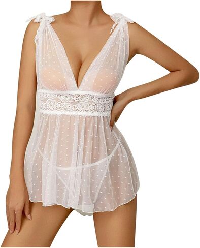 Womens Sexy Lingerie Chemise Lace Sheer Swiss Dots Babydoll Nightgown V-Neck Slip Chemise Nightwear with Thongs in Kuwait