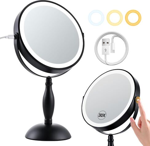 30X Magnifying Mirror with Lights, 8" Dual Sided (1X/30X) Lighted Makeup Mirror, 360° Swivel, 5000mAh Rechargeable Side Touch & Side Charging, 3 Colors & Dimmable Brightness in Saudi Arabia