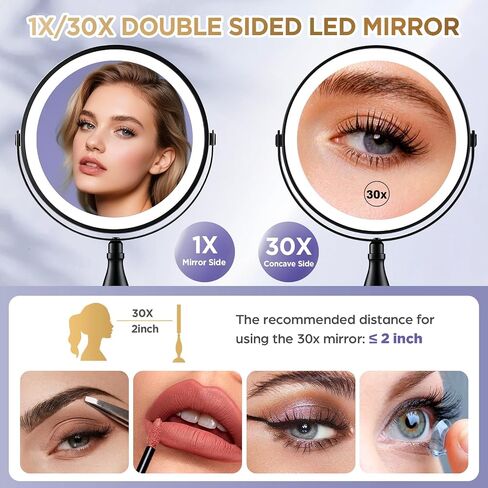 30X Magnifying Mirror with Lights, 8" Dual Sided (1X/30X) Lighted Makeup Mirror, 360° Swivel, 5000mAh Rechargeable Side Touch & Side Charging, 3 Colors & Dimmable Brightness in Saudi Arabia