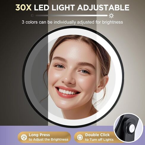30X Magnifying Mirror with Lights, 8" Dual Sided (1X/30X) Lighted Makeup Mirror, 360° Swivel, 5000mAh Rechargeable Side Touch & Side Charging, 3 Colors & Dimmable Brightness in Saudi Arabia
