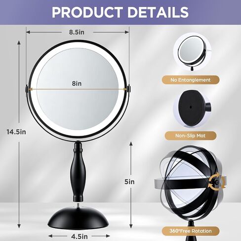 30X Magnifying Mirror with Lights, 8" Dual Sided (1X/30X) Lighted Makeup Mirror, 360° Swivel, 5000mAh Rechargeable Side Touch & Side Charging, 3 Colors & Dimmable Brightness in Saudi Arabia