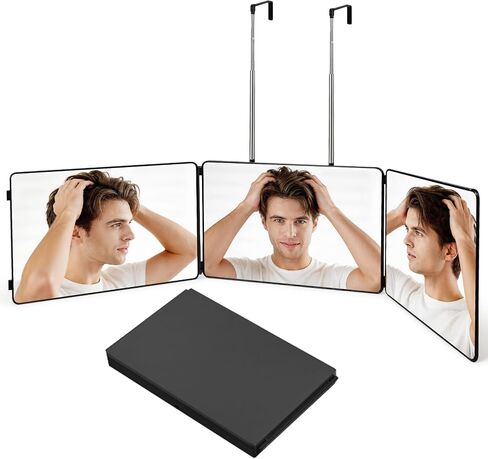 3 Way Mirror for Self Hair Cutting-360° Barber Self Cut Trifold Mirror to See Back of Head,Hangable & Foldable, Portable for Home & Travel Grooming, Braiding, Shaving & Makeup for Men Women (Black) in Kuwait
