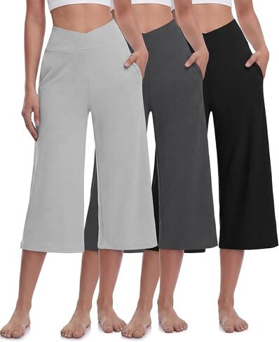 Cutecrop 3 Pack Capri Pants للنساء واسعة الساق بالإضافة إلى حجم عالية الخصر اليوغا Sweatpants مع جيوب السببية فضفاض صالة السراويل in Kuwait