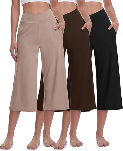 Cutecrop 3 Pack Capri Pants للنساء واسعة الساق بالإضافة إلى حجم عالية الخصر اليوغا Sweatpants مع جيوب السببية فضفاض صالة السراويل in Kuwait