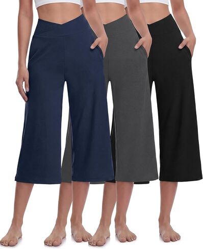 Cutecrop 3 Pack Capri Pants للنساء واسعة الساق بالإضافة إلى حجم عالية الخصر اليوغا Sweatpants مع جيوب السببية فضفاض صالة السراويل in Kuwait