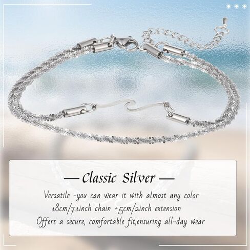 Tucnoeu Womens Ankle Bracelets, Silver Double Layer Wave Anklet, Bestie Sister Best Friend Birthday Gifts Beach Jewelry in Kuwait