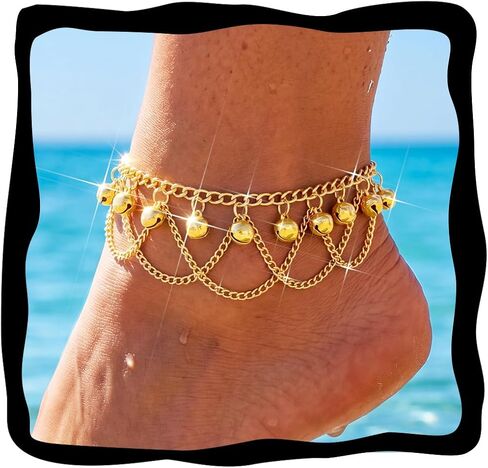 BODIY Boho Gold Ankle Bracelets Jingling Bell Layered Ankle Chains Tassel Summer Beach Bracelet Indian Gypsy Anklets Foot Chain for Women in Kuwait