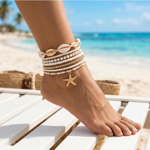 7 PCS Beach Anklet, Summer Shell Anklets for Women, Boho Beachy Anklet, Adjustable Seashell Bracelet for Summer Seaside Holiday Vacation Party in Kuwait