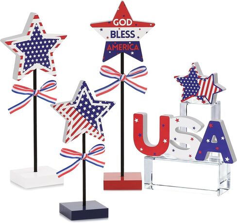 Elfcool 5Pcs 4th of July Table Decorations Wooden Star Set, Patriotic Memorial Day Table Centerpiece, Red White and Blue Independence Day Stand Decor for Home Office in Saudi Arabia
