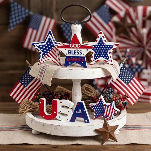 Elfcool 5Pcs 4th of July Table Decorations Wooden Star Set, Patriotic Memorial Day Table Centerpiece, Red White and Blue Independence Day Stand Decor for Home Office in Saudi Arabia