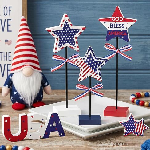 Elfcool 5Pcs 4th of July Table Decorations Wooden Star Set, Patriotic Memorial Day Table Centerpiece, Red White and Blue Independence Day Stand Decor for Home Office in Saudi Arabia