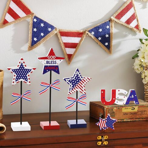 Elfcool 5Pcs 4th of July Table Decorations Wooden Star Set, Patriotic Memorial Day Table Centerpiece, Red White and Blue Independence Day Stand Decor for Home Office in Saudi Arabia