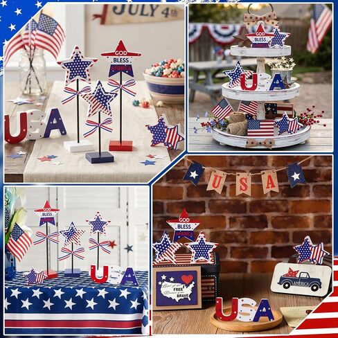 Elfcool 5Pcs 4th of July Table Decorations Wooden Star Set, Patriotic Memorial Day Table Centerpiece, Red White and Blue Independence Day Stand Decor for Home Office in Saudi Arabia
