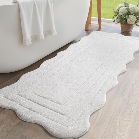 Long Bathroom Runner Rug 24x60, Extra Non Slip Washable Bath Mats, Soft Absorbent Quick Dry Large Bath Rugs, Scalloped Bathmat for Bathroom, Tub, Floor Carpet, Sink, Shower, White in Saudi Arabia