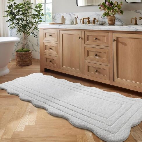 Long Bathroom Runner Rug 24x60, Extra Non Slip Washable Bath Mats, Soft Absorbent Quick Dry Large Bath Rugs, Scalloped Bathmat for Bathroom, Tub, Floor Carpet, Sink, Shower, White in Saudi Arabia