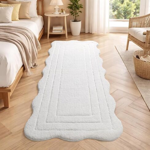Long Bathroom Runner Rug 24x60, Extra Non Slip Washable Bath Mats, Soft Absorbent Quick Dry Large Bath Rugs, Scalloped Bathmat for Bathroom, Tub, Floor Carpet, Sink, Shower, White in Saudi Arabia