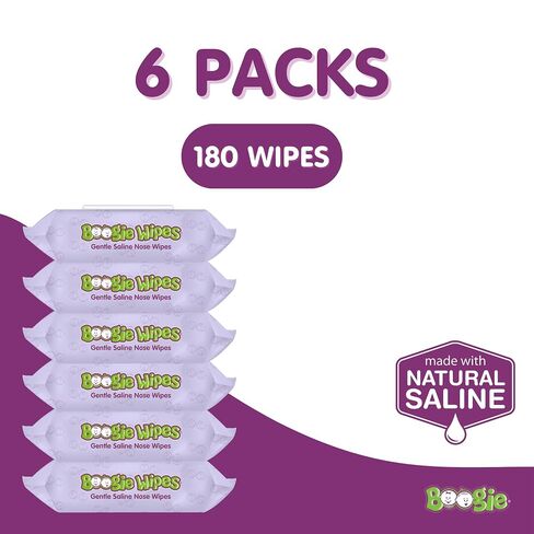 Saline Nose Wipes by Boogie, for Baby & Kids, Face, Hand & Body, FSA/HSA Eligible, Made with Vitamin E, Aloe, and Natural Saline, Lavender Scent, 30 Count (Pack of 6) in Kuwait