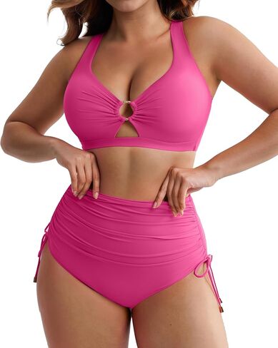 FeelinGirl High Waisted Bikini Sets for Women Tummy Control Swimsuit for Women with Drawstring Deep V Neck Design in Kuwait