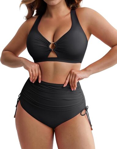 FeelinGirl High Waisted Bikini Sets for Women Tummy Control Swimsuit for Women with Drawstring Deep V Neck Design in Kuwait