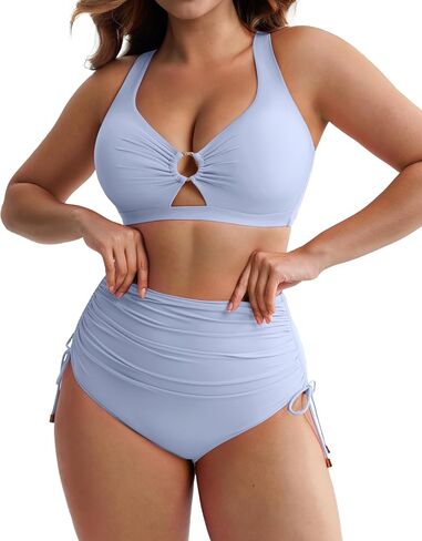 FeelinGirl High Waisted Bikini Sets for Women Tummy Control Swimsuit for Women with Drawstring Deep V Neck Design in Kuwait