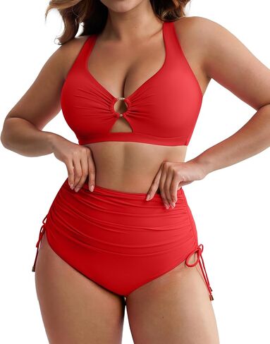 FeelinGirl High Waisted Bikini Sets for Women Tummy Control Swimsuit for Women with Drawstring Deep V Neck Design in Kuwait