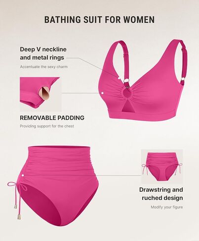 FeelinGirl High Waisted Bikini Sets for Women Tummy Control Swimsuit for Women with Drawstring Deep V Neck Design in Kuwait