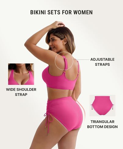 FeelinGirl High Waisted Bikini Sets for Women Tummy Control Swimsuit for Women with Drawstring Deep V Neck Design in Kuwait