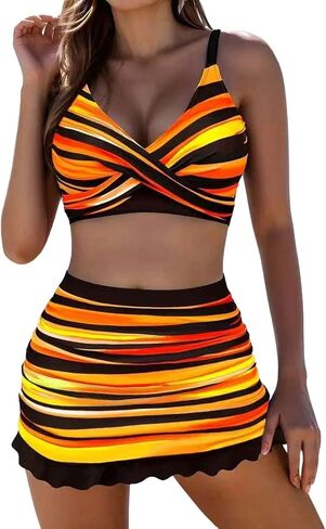 SOLY HUX Women's 3 Piece Swimsuit Colorful Striped Twist Front Bikini Set Bathing Suit with Cover Up Skirt in Kuwait