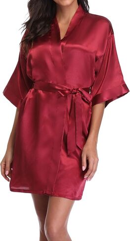 Women's Satin Robe Short Kimono Bride Bridesmaid Robes Pure Color Sleepwear Silky Bathrobe Bridal Dressing Gown in Saudi Arabia