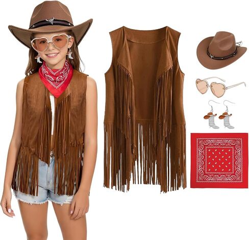 Cowgirl Costume for Girls, Kids Western Halloween Outfit with Fringe Vest Hat Bandana Earrings Sunglasses in Saudi Arabia