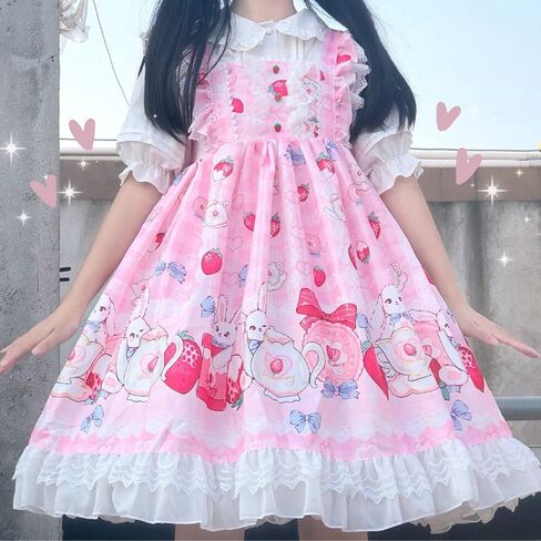Japanese Style Sweet Cosplay Lolita Dress Teens Suspender Party Dress Kawaii Strawberry Bunny A-line Cute Dresses in Saudi Arabia