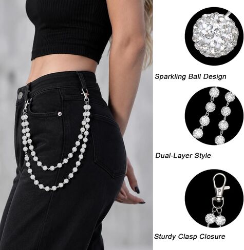 Fengek Double Layer Rhinestone Pants Chain for Men, Wallet Jean Chains Pocket Chains, Adjustable Silver Waist Chain Keychain in Kuwait