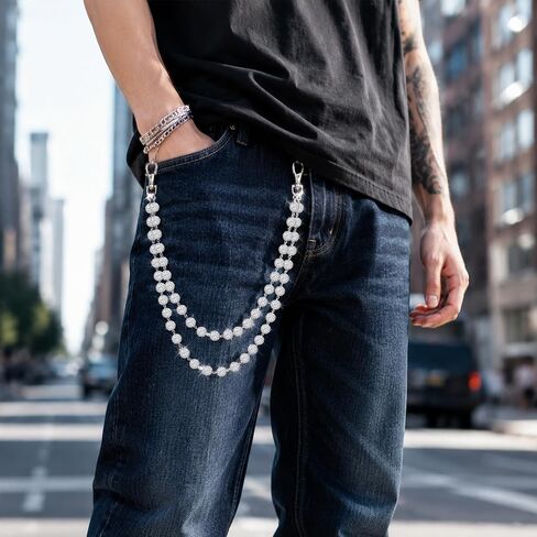Fengek Double Layer Rhinestone Pants Chain for Men, Wallet Jean Chains Pocket Chains, Adjustable Silver Waist Chain Keychain in Kuwait